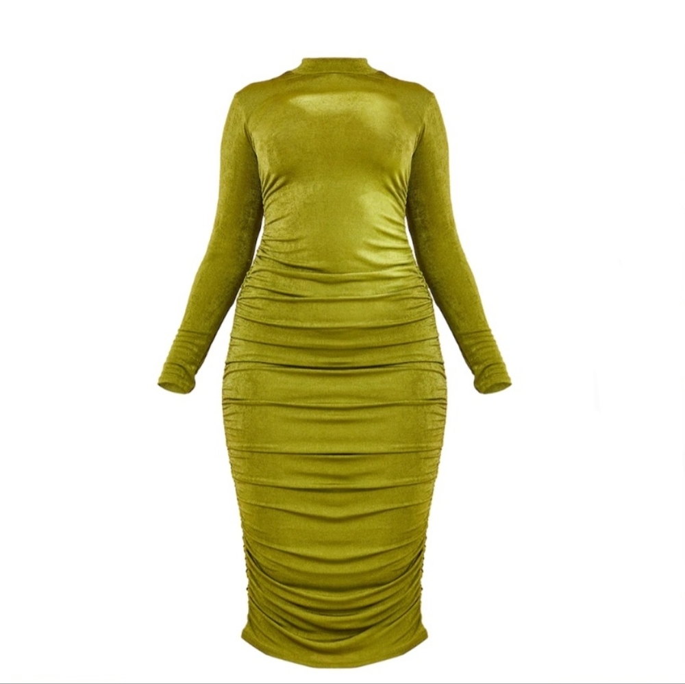 Olive Acetate Slinky Long Sleeve Ruched Midaxi Dress